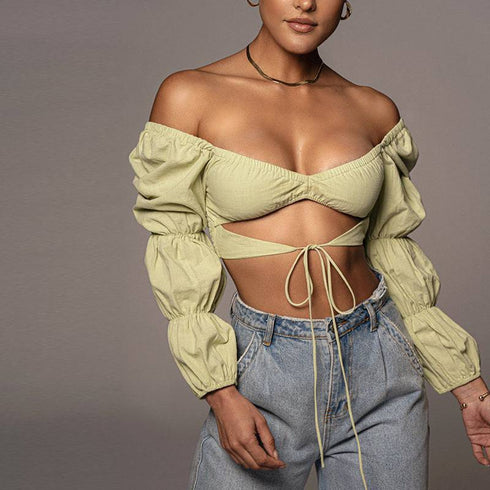 Hollow Puff Sleeve Square Neck Umbilical Strap Top